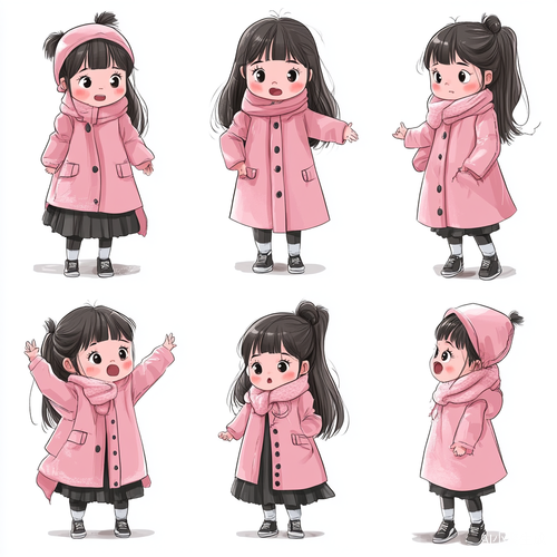 可爱插画风的小女孩多情绪表现与细节设计