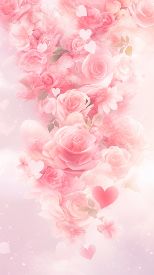 Lovely pink roses and hearts, light white clouds, twinkling stars, white background, pink color scheme, dreamlike style heart element moving wallpaper. Soft colors, a dreamy atmosphere, and sparkling crystal details dot the entire scene. The roses glistened in the soft light, creating an elegant atmosphere. Hd photography, exquisite texture, exquisite composition.ar 9:16 v 6.0