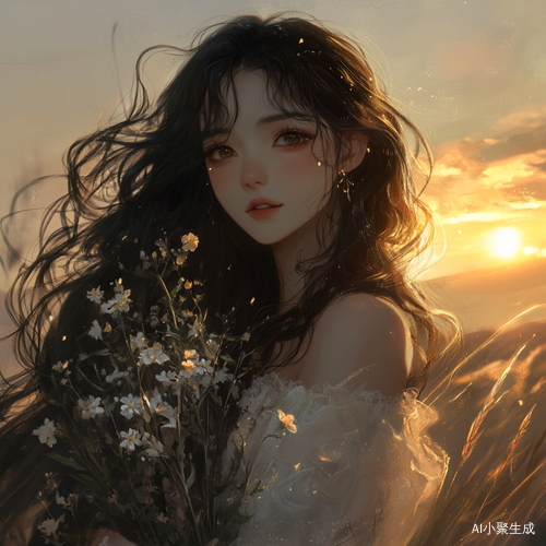 黄昏下的高瘦女孩捧花开心看向屏幕
