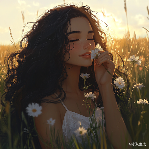 黄昏下的高瘦女孩捧花开心看向屏幕