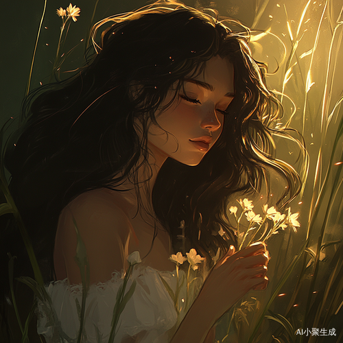 黄昏下的高瘦女孩捧花开心看向屏幕