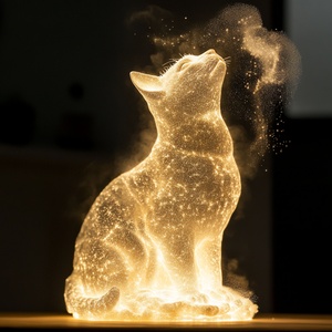 光粒子与粉末发光云和猫雕塑