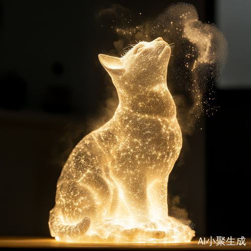 光粒子与粉末发光云和猫雕塑