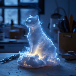 光粒子与粉末发光云和猫雕塑