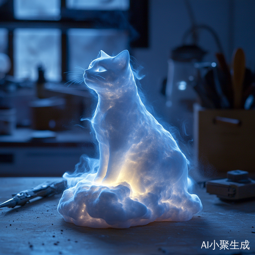 光粒子与粉末发光云和猫雕塑