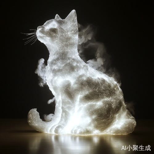 光粒子与粉末发光云和猫雕塑
