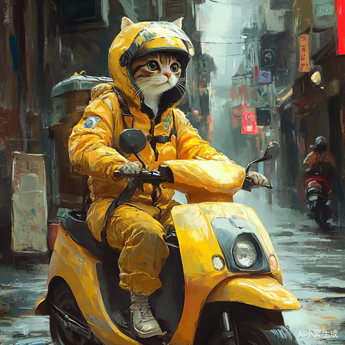 街头猫咪骑电动车送外卖穿黄色送餐服