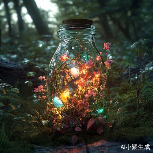 梦幻森林中的光影与色彩交织的许愿瓶