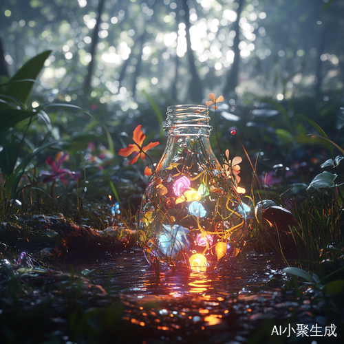 梦幻森林中的光影与色彩交织的许愿瓶