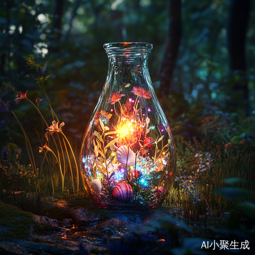 梦幻森林中的光影与色彩交织的许愿瓶
