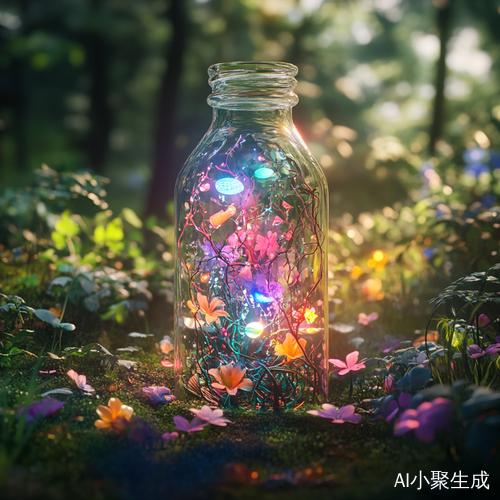 梦幻森林中的光影与色彩交织的许愿瓶