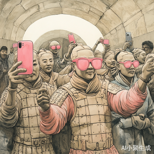 陶俑在地铁合影有的戴粉色太阳镜