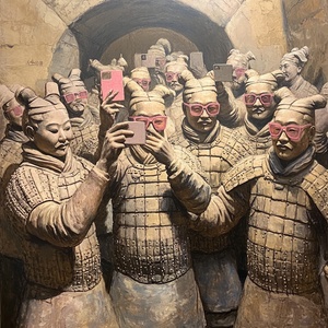 陶俑在地铁合影有的戴粉色太阳镜