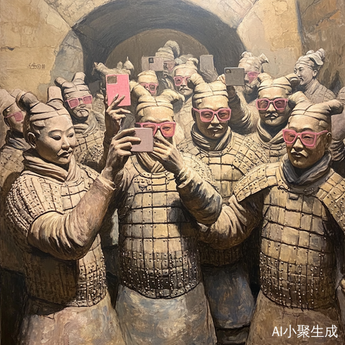 陶俑在地铁合影有的戴粉色太阳镜
