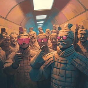 陶俑在地铁合影有的戴粉色太阳镜