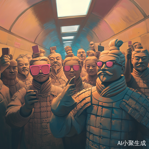 陶俑在地铁合影有的戴粉色太阳镜