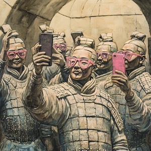 陶俑在地铁合影有的戴粉色太阳镜