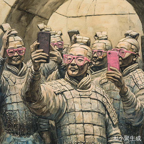 陶俑在地铁合影有的戴粉色太阳镜