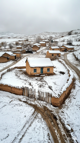 冬季村庄的鸟瞰图小土坯房与雪覆盖的农家小院