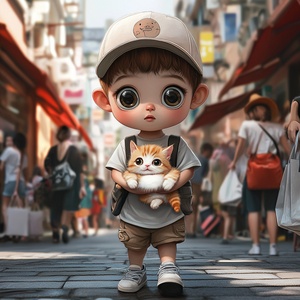 可爱小男孩抱猫街头走的高清瞬间