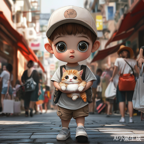 可爱小男孩抱猫街头走的高清瞬间