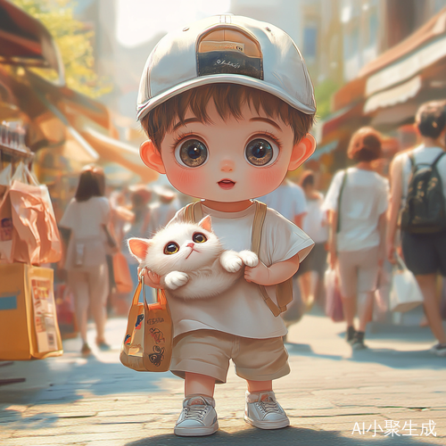 可爱小男孩抱猫街头走的高清瞬间