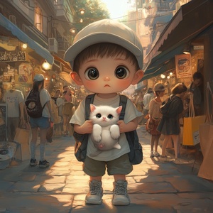 可爱小男孩抱猫街头走的高清瞬间