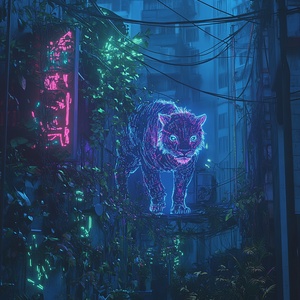 Urban Jungle of Neon Lights and Digital Lions