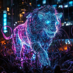 Urban Jungle of Neon Lights and Digital Lions