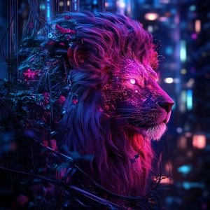 Urban Jungle of Neon Lights and Digital Lions