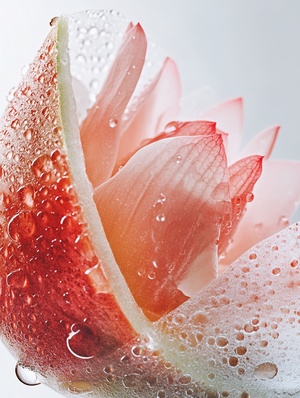 Close-up X-ray, translucence minimalist half watermelon in simple white background full of water drops, Lotus flower and lotus leaf, frosted glass blur covered, multiple exposures, macro photography, soft red, photography by william fang, shot on Hasselblad