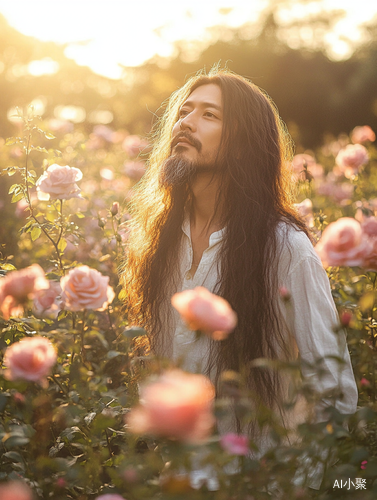 中年亚洲男性在玫瑰花园骑行的真实影像