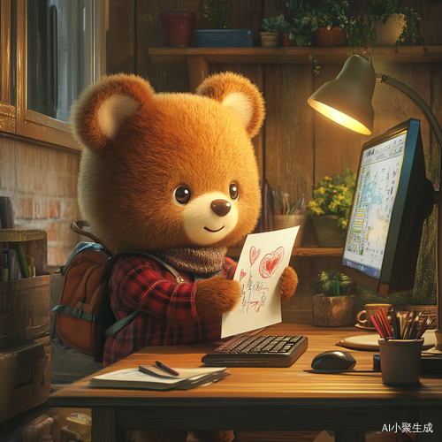 可爱小熊在电脑前制作海报
