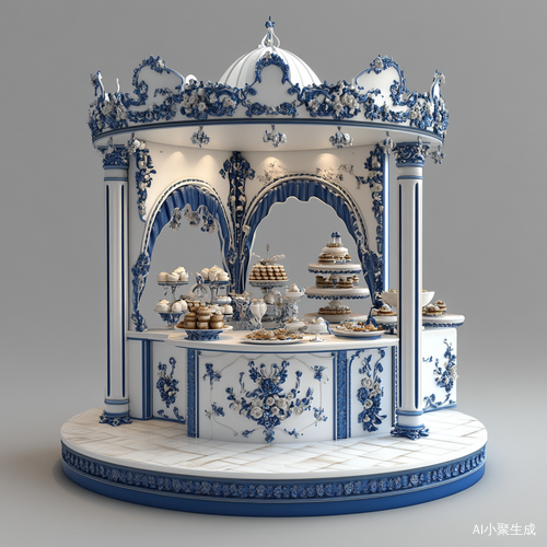蓝白色甜品圆形展台设计