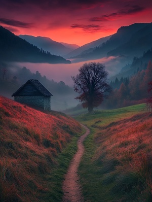 Prompt The red sunset shines on the misty mountains, there is an ancient house in front of it, and a tree stands alone next to them. A small path leads through the hillsides from near by, leading into deep fog. In autumn season, green grass covers every place under your feet. This picturesque scene creates a dreamlike atmosphere that makes people feel like they have handing up their world for another one., Photorealistic landscape photography, using Canon EOS R5 camera with Nikon NIKKOR D6 lens, aperture f8