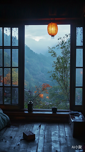 秋天傍晚山林房子透景阴雨朦胧