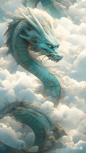 Light Cyan Asian Dragon Surrounded by Clouds in Hyperrealistic Style