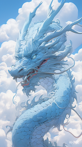 Light Cyan Asian Dragon Surrounded by Clouds in Hyperrealistic Style