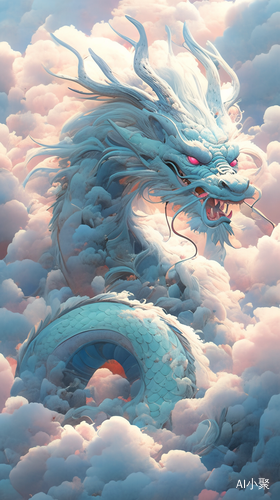 Light Cyan Asian Dragon Surrounded by Clouds in Hyperrealistic Style