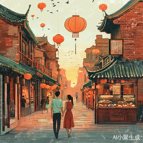 年轻情侣漫步古城体验温馨浪漫的幸福时光