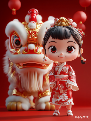 可爱中国传统少女与狮子舞者雕塑艺术作品