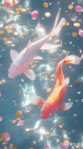 Surrealism Aesthetics of Pink Carp and Golden Koi in Sparkling Pool