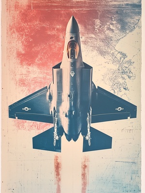 risograph style, dadaism and expressionism mix, double exposure collage of F-35 Jet Fighter over Area 51, monochromatic Blue, red, white — ar 2:3 — style raw — no bird , landing gear — v 6.0