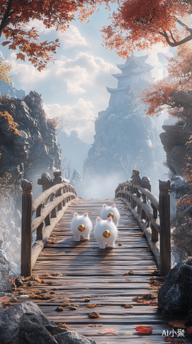 Three Cats on a Wooden Bridge in a Serene Landscape