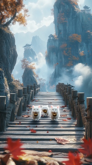 This image is a digitally created artwork featuring a serene, picturesque landscape with a wooden bridge leading into the distance. The bridge, made of rustic wooden planks, is the focal point of the scene. On the bridge, three fluffy white cats walk in single file, each carrying a golden bowl in their mouths. The cats are positioned in the foreground, with the bridge extending into the background, leading towards a mist-covered mountain range. The bridge is flanked by rugged rocks on either side, and there