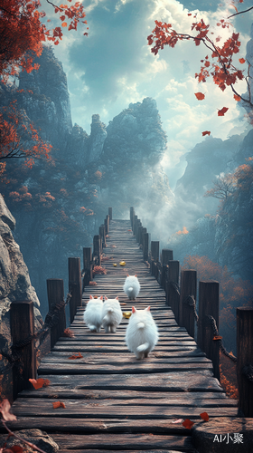 Three Cats on a Wooden Bridge in a Serene Landscape