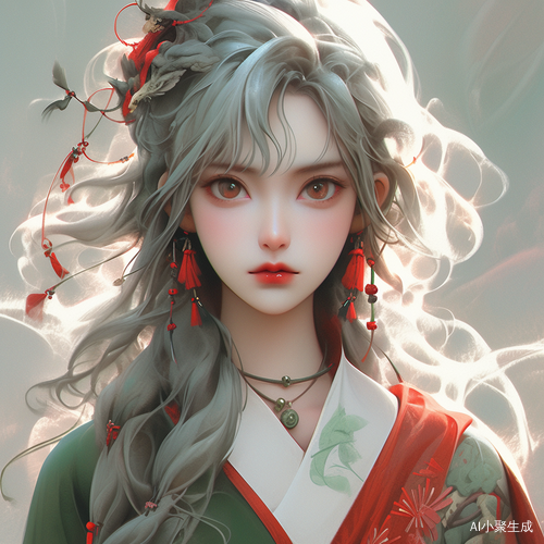 20岁女性绿色头发红色眼睛在房间中苦笑