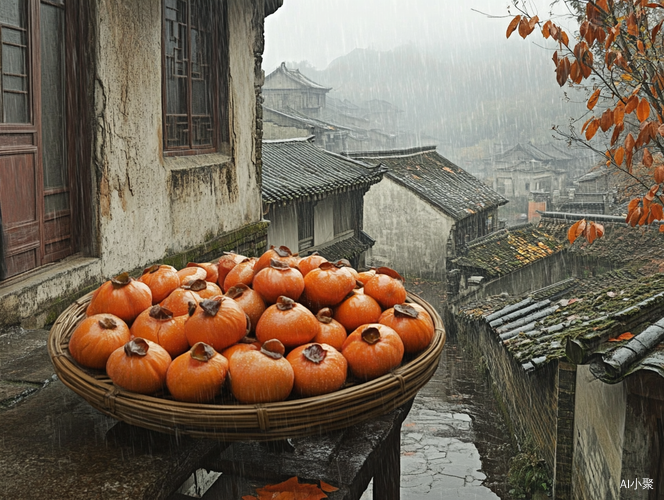 秋天傍晚江南小院阴雨中柿子成熟