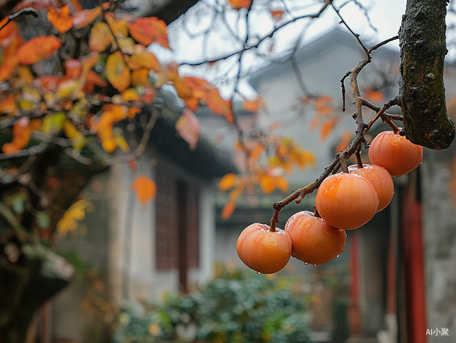 秋天傍晚江南小院阴雨中柿子成熟