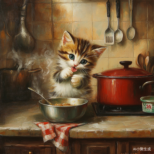 小猫咪在厨房里学做饭
